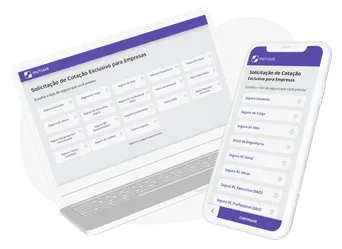 Como contratar seguro empresarial? Na imagem, representação da plataforma de cotação de seguro da Mutuus Seguros em sua versão mobile e de computador, ambas facilitando a contratação de seguro para empresas.