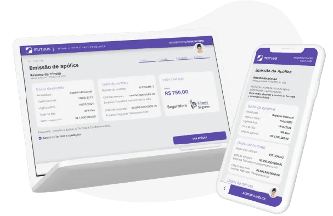 Como cotar seguro empresarial? Na imagem, representação da plataforma de cotação de seguro da Mutuus Seguros em sua versão mobile e de computador, ambas facilitando a emissão da apólice de seguro para empresas.