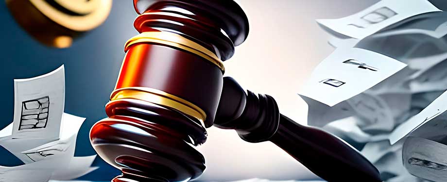 Como encerrar licitação fracassada? Na imagem martelo da justiça e papelada representando oportunidades possíveis para as empresas envolvidas no processo