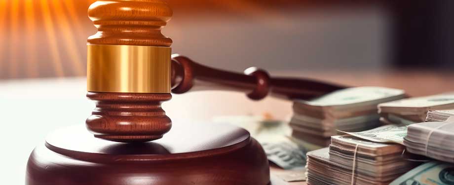 Como é feito um depósito judicial? Na imagem, martelo da justiça e notas de dinheiro em alusão a este tipo de transferência