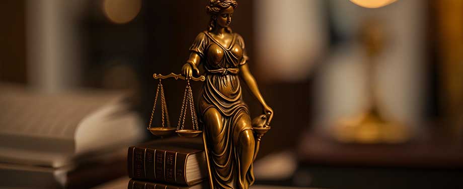 Qual o ramo do direito empresarial? Na imagem, estátua da justiça e código civil, que fundamenta o direito empresarial