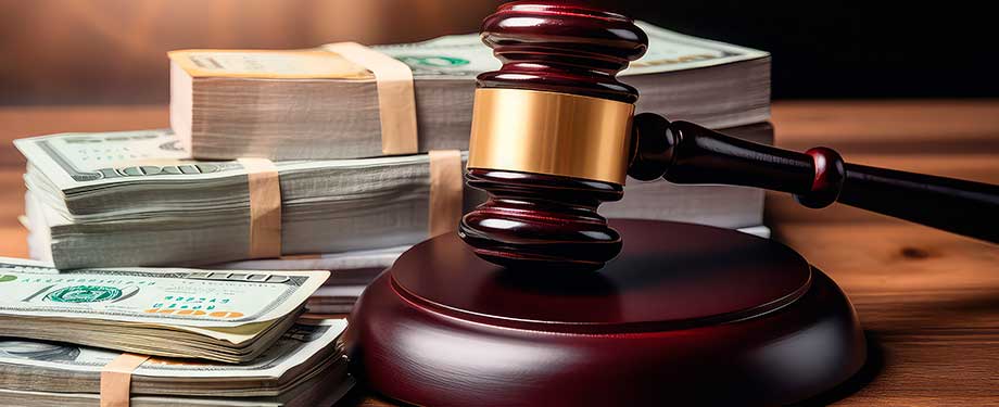 Quanto tempo para cair um depósito judicial? Na imagem, martelo da justiça e notas de dinheiro representam a liberação de valores para o poder judiciário