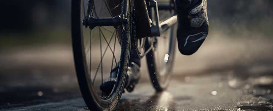 O que o seguro bike cobre? Na imagem, pessoa andando de bicicleta na chuva em alusão à situações de cobertura do seguro de bicicletas